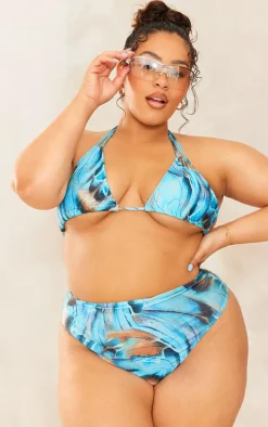 Plus Blue Butterfly Printed High Waisted Bikini Bottoms