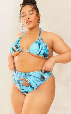Plus Blue Butterfly Printed High Waisted Bikini Bottoms