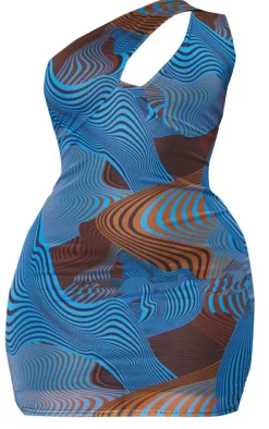 Plus Blue Contour Print Mesh One Shoulder Detail Bodycon Dress