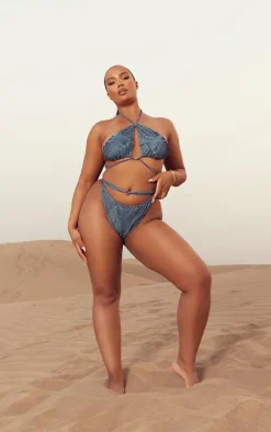 Plus Blue Contrast Textured Rib O Ring Strappy Bikini Bottoms