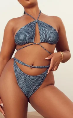 Plus Blue Contrast Textured Rib O Ring Strappy Bikini Bottoms