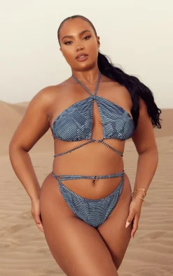 Plus Blue Contrast Textured Rib O Ring Strappy Bikini Bottoms