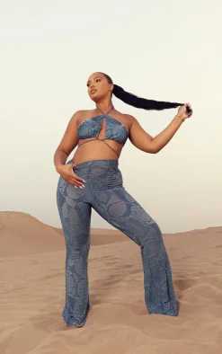 Plus Blue Contrast Textured Rib Flare Beach Pants