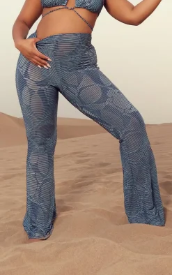 Plus Blue Contrast Textured Rib Flare Beach Pants