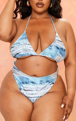 Plus Blue Denim Printed High Waisted Bikini Bottoms