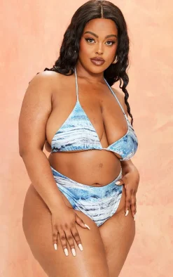 Plus Blue Denim Printed High Waisted Bikini Bottoms