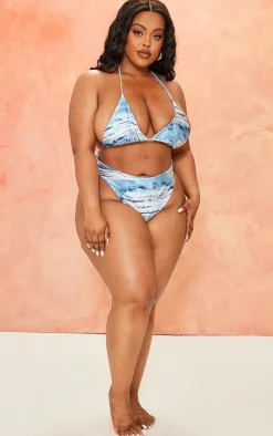 Plus Blue Denim Printed High Waisted Bikini Bottoms