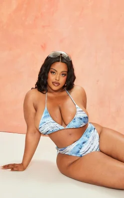 Plus Blue Denim Printed Triangle Bikini Top