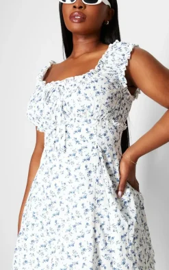 Plus Blue Ditsy Floral Ruched Tie Shift Dress