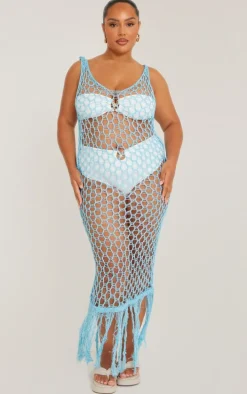 Plus Blue Fishnet Knitted Maxi Dress