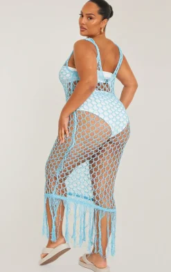Plus Blue Fishnet Knitted Maxi Dress