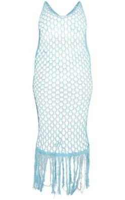 Plus Blue Fishnet Knitted Maxi Dress