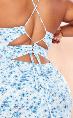 Plus Blue Floral Print Lace Up Back Twist Detail Midi Dress