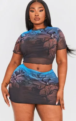 Plus Blue Floral Printed Lettuce Hem Mesh Top