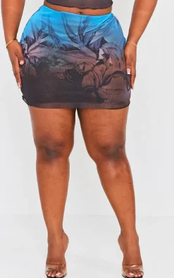 Plus Blue Floral Printed Lettuce Hem Mesh Bodycon Skirt