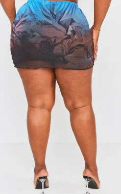 Plus Blue Floral Printed Lettuce Hem Mesh Bodycon Skirt