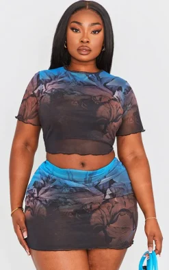 Plus Blue Floral Printed Lettuce Hem Mesh Bodycon Skirt