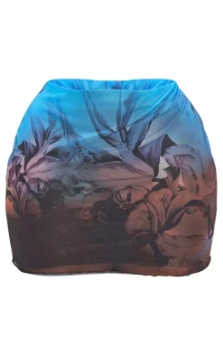 Plus Blue Floral Printed Lettuce Hem Mesh Bodycon Skirt