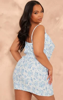 Plus Blue Floral Printed Plisse Cowl Neck Bodycon Dress