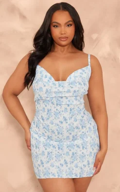 Plus Blue Floral Printed Plisse Cowl Neck Bodycon Dress