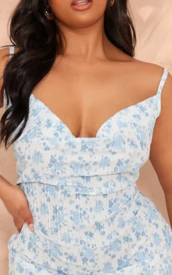 Plus Blue Floral Printed Plisse Cowl Neck Bodycon Dress