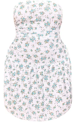 Plus Blue Floral Printed Broderie Frill Bandeau Bodycon Dress