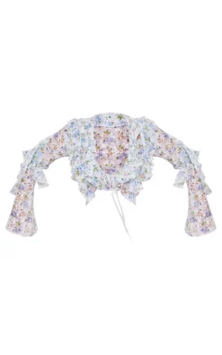 Plus Blue Floral Sheer Woven Ruffle Tie Crop Blouse
