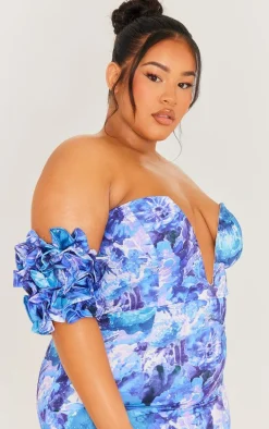 Plus Blue Floral V Neck Ruffle Sleeve Bodycon Dress