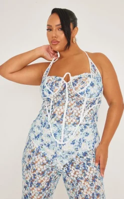 Plus Blue Jacquard Floral Boned Corset Top