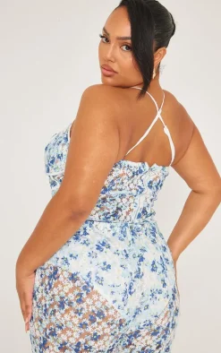 Plus Blue Jacquard Floral Boned Corset Top