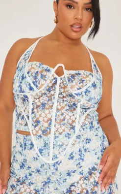Plus Blue Jacquard Floral Boned Corset Top