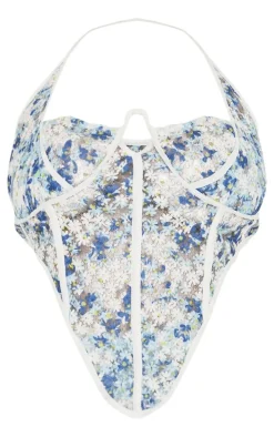 Plus Blue Jacquard Floral Boned Corset Top