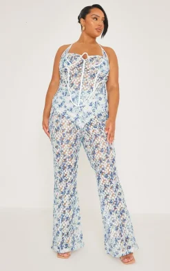 Plus Blue Jacquard Floral Straight Leg Pants