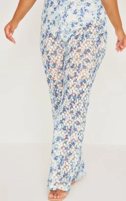 Plus Blue Jacquard Floral Straight Leg Pants