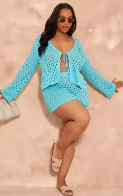 Plus Blue Knit Hole Mini Skirt