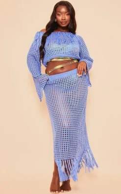 Plus Blue Knitted Cropped Tassel Detail Top