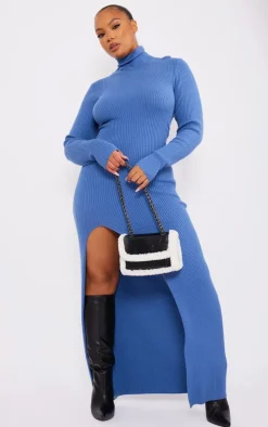 Plus Blue Knitted Ribbed Side Split Maxi Dress