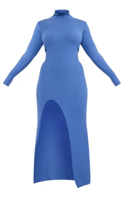 Plus Blue Knitted Ribbed Side Split Maxi Dress