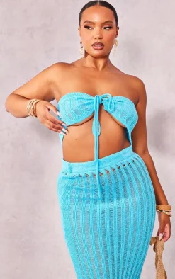 Plus Blue Knitted Tie Front Bandeau Top