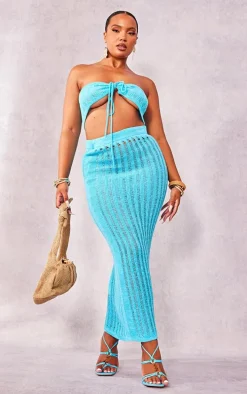 Plus Blue Knitted Tie Front Bandeau Top