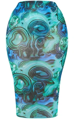 Plus Blue Marble Print Print Mesh Bodycon Midi Skirt