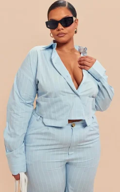 Plus Blue Poplin Pinstripe Pocket Detail Cropped Shirt