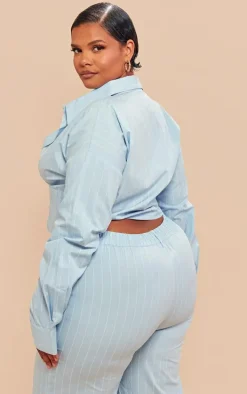 Plus Blue Poplin Pinstripe Pocket Detail Cropped Shirt