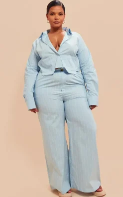 Plus Blue Poplin Pinstripe Pocket Detail Cropped Shirt