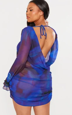 Plus Blue Print Chiffon Cowl Back Shift Dress