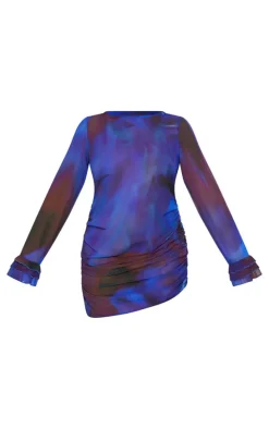 Plus Blue Print Chiffon Cowl Back Shift Dress