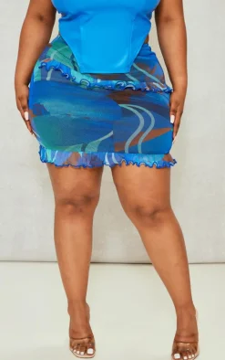 Plus Blue Printed Ruffle Mesh Mini Skirt