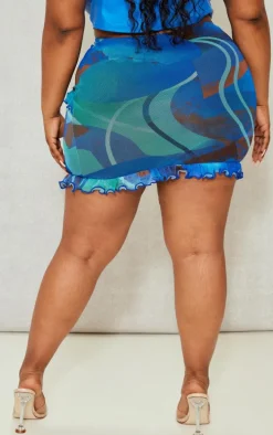 Plus Blue Printed Ruffle Mesh Mini Skirt