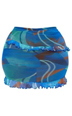 Plus Blue Printed Ruffle Mesh Mini Skirt
