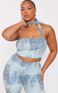 Plus Blue Ribbed Tie Dye Bandeau Top